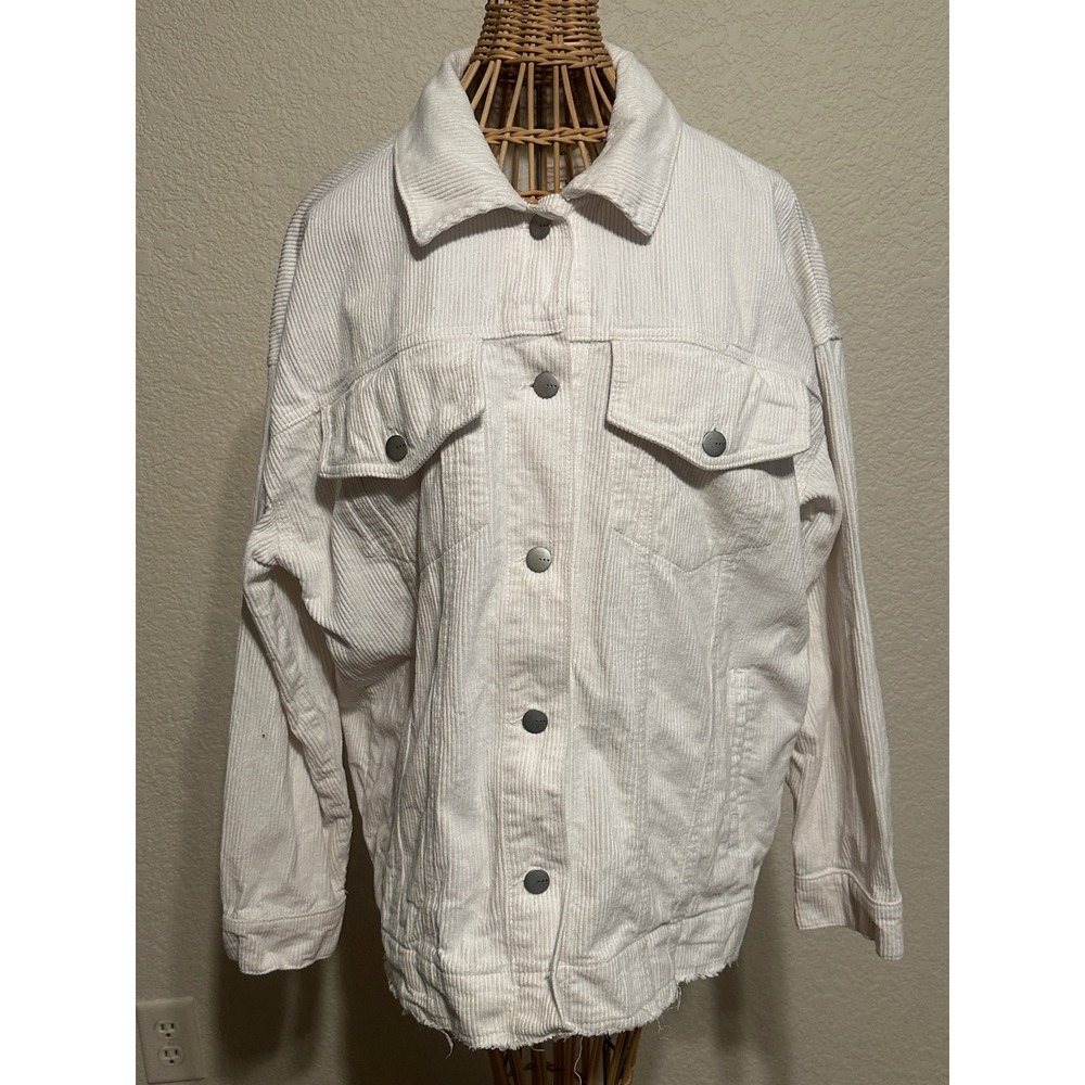 TGLA Women White Corduroy Oversized Trucker Jacket Raw Hem L Button Up